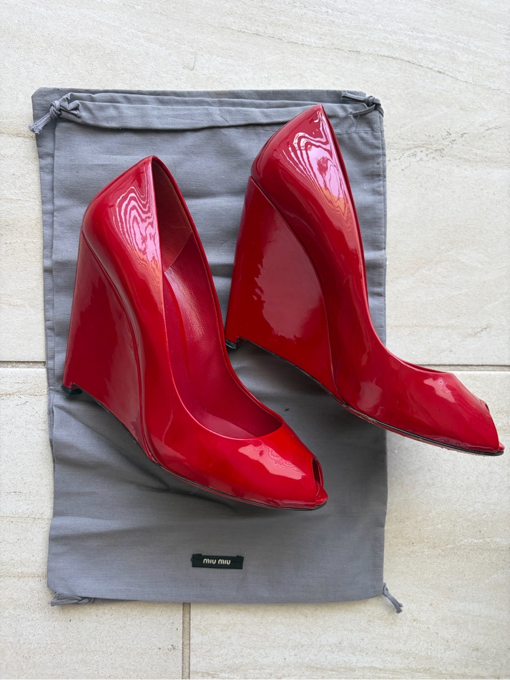 Miu Miu Red Patent Leather Peep-Toe Wedge Heels
